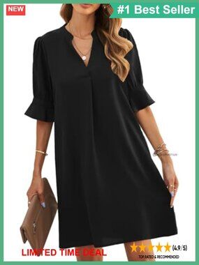 V-Neck Short Sleeve Shift Dress Knee Length Ruffle Sleeve Casual